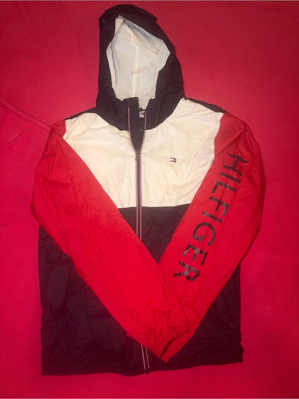 Tommy Hilfiger Red White and Black Colorblock Hooded Windbreaker